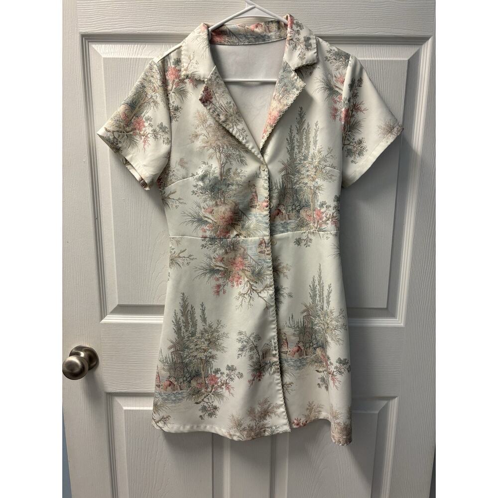 Cider Pink, Green And Cream Toile Dress M - Picture 1 of 6